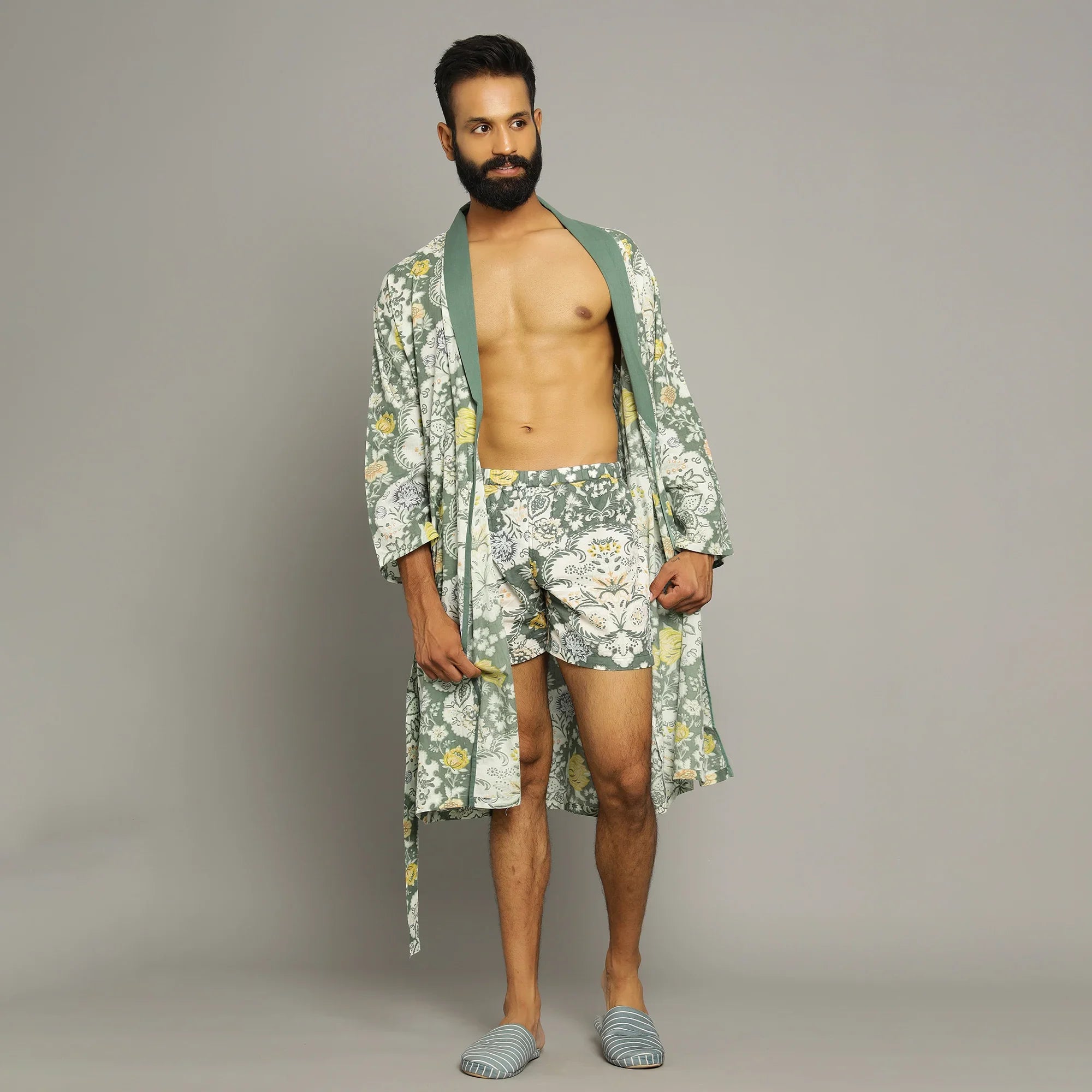 Men's Green Cotton Hand printed kimono robe - SanskrutiHomes 