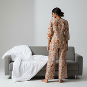 Orange Round Neck Printed Cotton Night Suit Set For Women