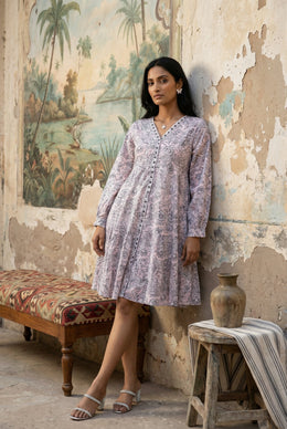 Pink Ethnic Motif Print V-Neck Pure Cotton Dress For Women