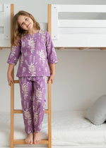 Purple Leaf Print Round Neck Cotton Night Suit Set for Kids - SanskrutiHomes 
