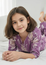 Purple Leaf Print Round Neck Cotton Night Suit Set for Kids - SanskrutiHomes 