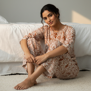 Orange Round Neck Printed Cotton Night Suit Set For Women