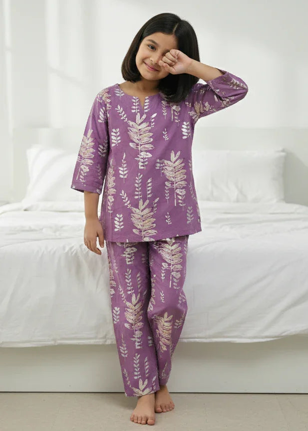 Purple Leaf Print Round Neck Cotton Night Suit Set for Kids - SanskrutiHomes 