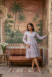 Pink Ethnic Motif Print V-Neck Pure Cotton Dress For Women