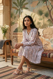 Pink Ethnic Motif Print V-Neck Pure Cotton Dress For Women