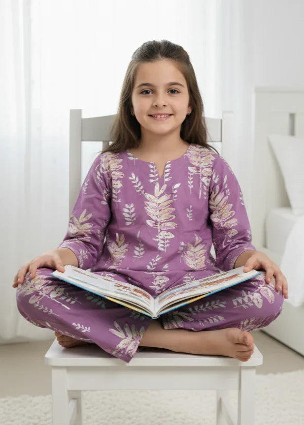Purple Leaf Print Round Neck Cotton Night Suit Set for Kids - SanskrutiHomes 