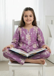 Purple Leaf Print Round Neck Cotton Night Suit Set for Kids - SanskrutiHomes 