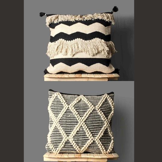 Hand-weaved Black Ruffle Cotton Rug with zari work - SanskrutiHomes 