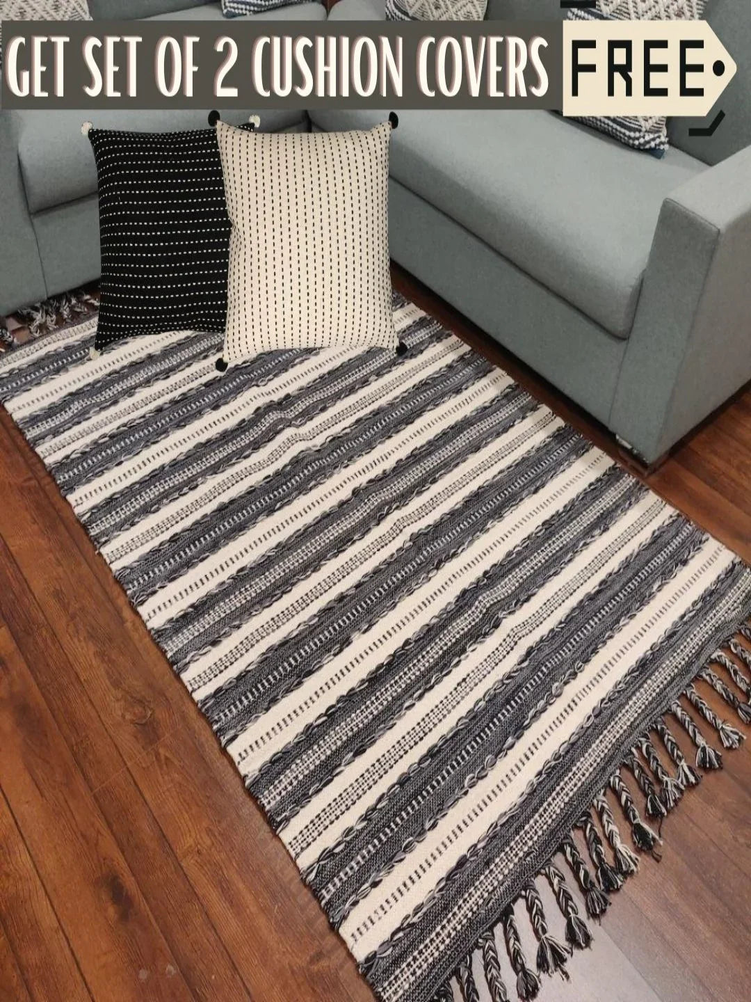 Hand-weaved 100% Cotton Rug with set of 2 Cushion Covers - SanskrutiHomes 