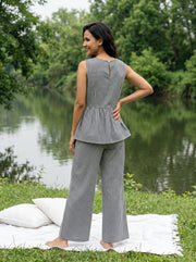 Black Round Neck Checked Pure Cotton Night Suit For Women