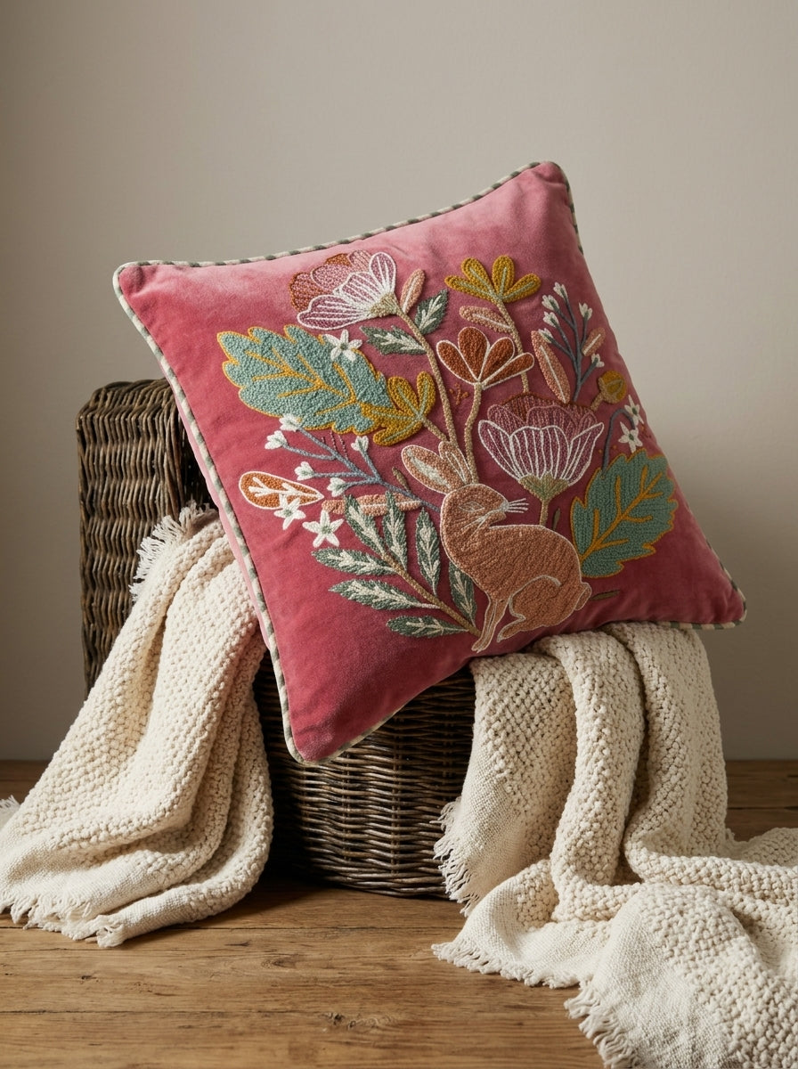Pink Velvet Square Cushion Cover With Floral & Rabbit Embroidery
