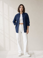 Blue Spread Collar Solid Casual Cotton Shirt For Women