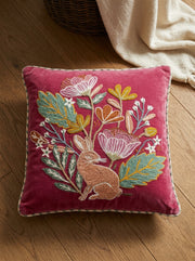 Pink Velvet Square Cushion Cover With Floral & Rabbit Embroidery