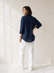 Blue Spread Collar Solid Casual Cotton Shirt For Women