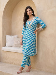 Blue Lehariya Print V-Neck Kurta Set For Women