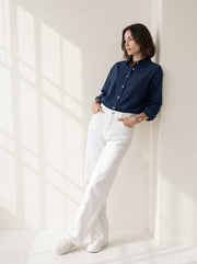 Blue Spread Collar Solid Casual Cotton Shirt For Women