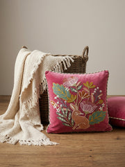 Pink Velvet Square Cushion Cover With Floral & Rabbit Embroidery