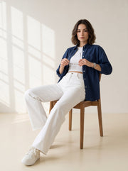 Blue Spread Collar Solid Casual Cotton Shirt For Women