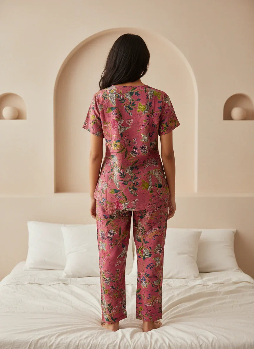 Pink Cotton Printed Night Suit Set with Payjama for Women - SanskrutiHomes 