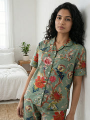 Sage Green Round Neck Floral Print Pure Cotton Night Suit Set For Women