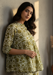 Olive Green Mandarin Collar Solid Cotton Co-Ord Set For Women