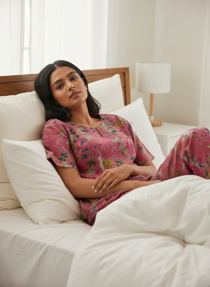 Pink Cotton Printed Night Suit Set with Payjama for Women - SanskrutiHomes 