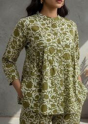 Olive Green Mandarin Collar Solid Cotton Co-Ord Set For Women