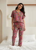 Pink Cotton Printed Night Suit Set with Payjama for Women - SanskrutiHomes 