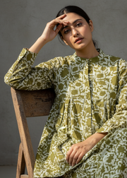 Olive Green Mandarin Collar Solid Cotton Co-Ord Set For Women