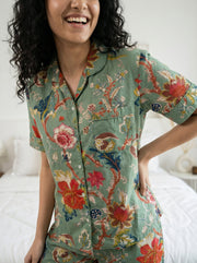 Sage Green Round Neck Floral Print Pure Cotton Night Suit Set For Women