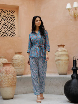 Blue Floral Printed Cotton Co-ord Set - SanskrutiHomes 
