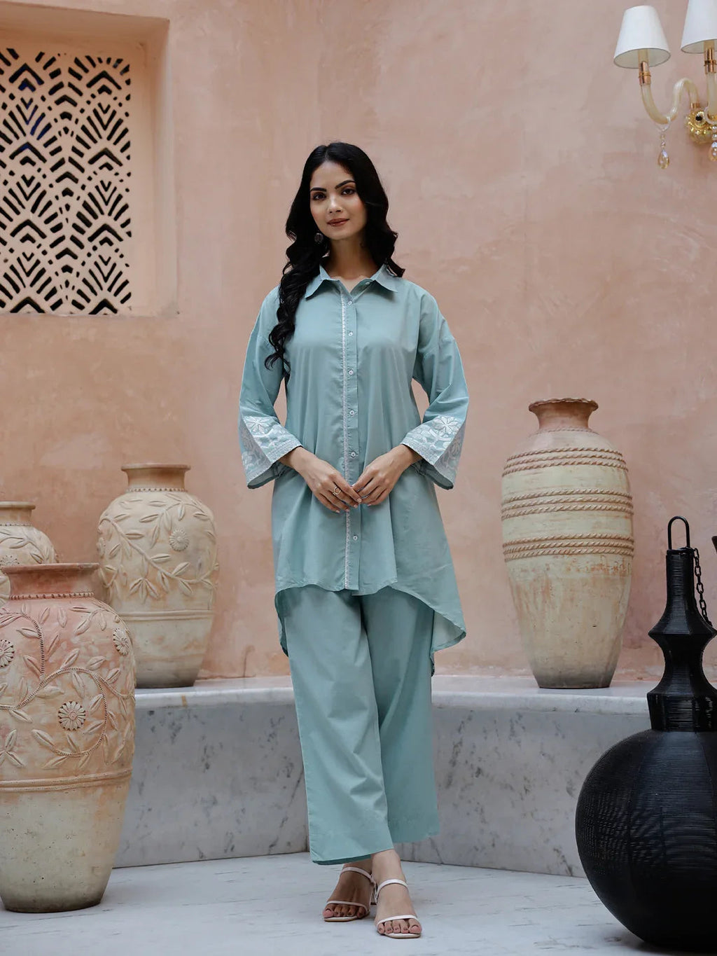 Blue Solid Print Cotton Co-ord Set for Women - SanskrutiHomes 