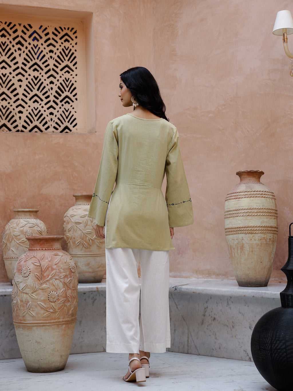 Solid Print Cotton V-Neck Co-Ord Set