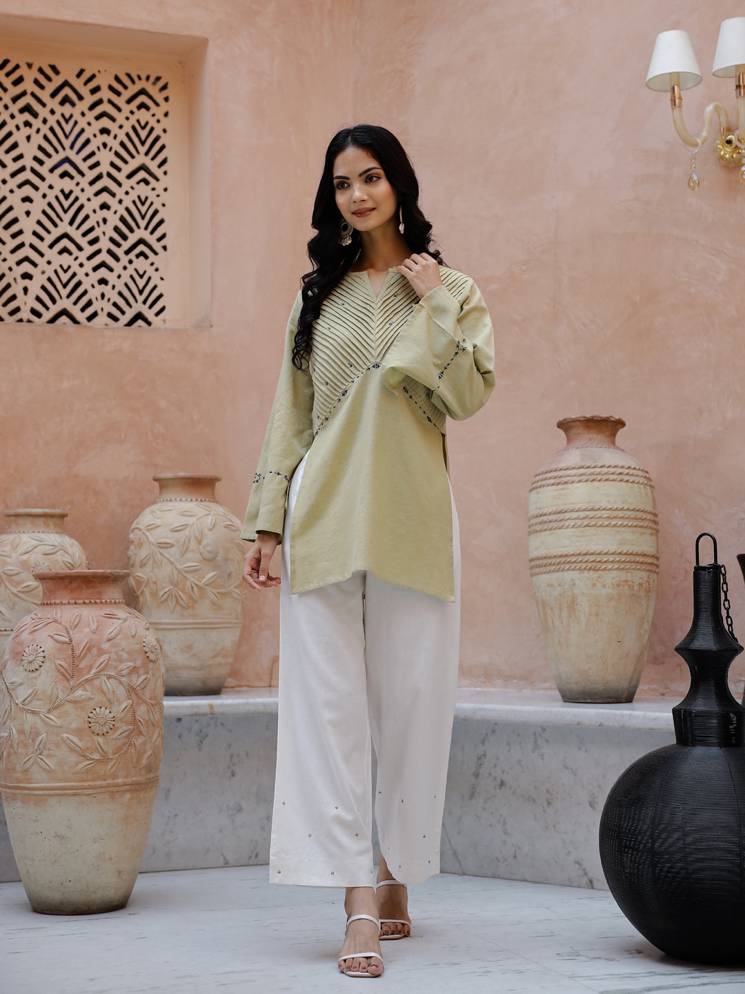 Solid Print Cotton V-Neck Co-Ord Set