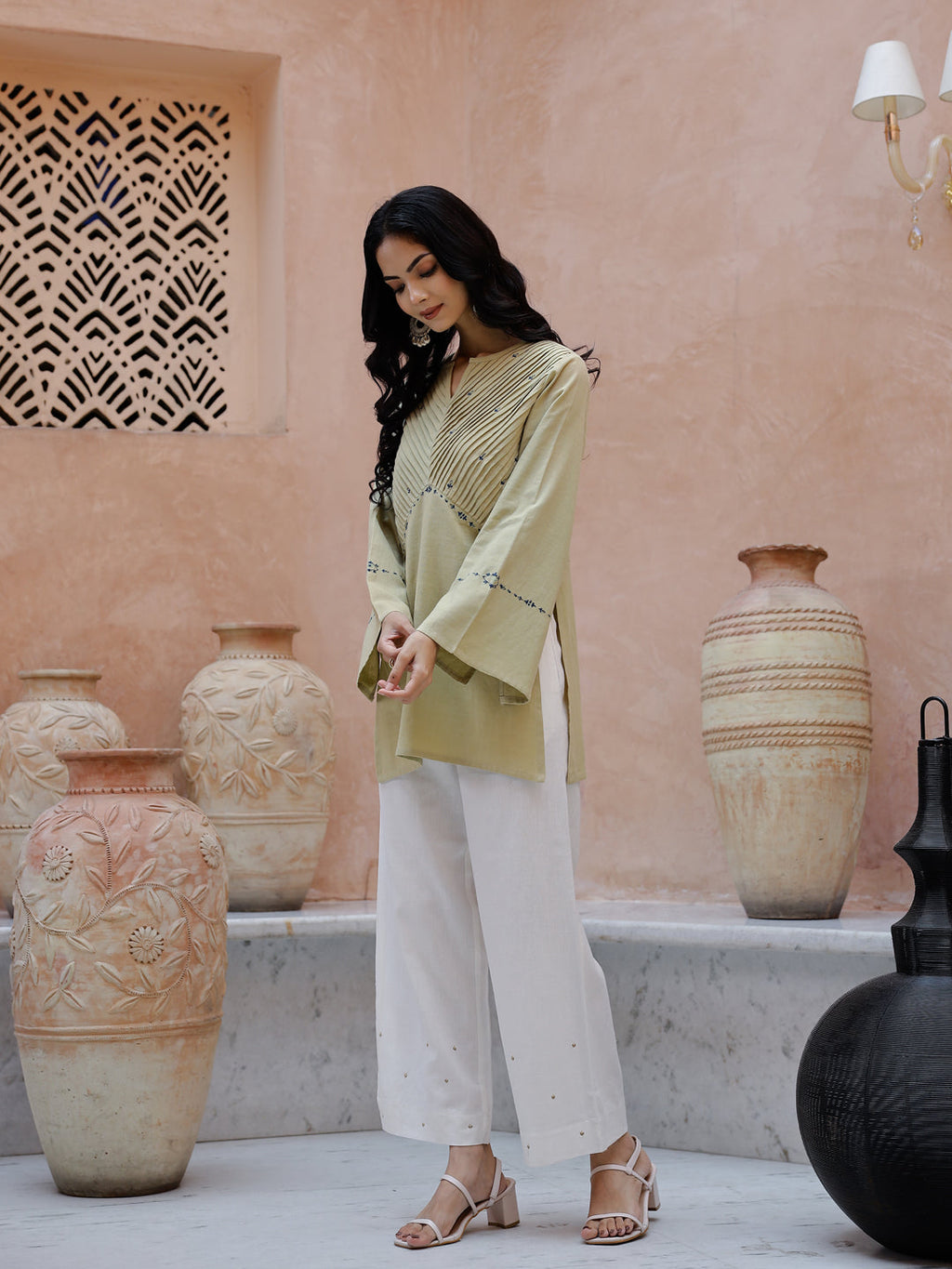 Solid Print Cotton V-Neck Co-Ord Set