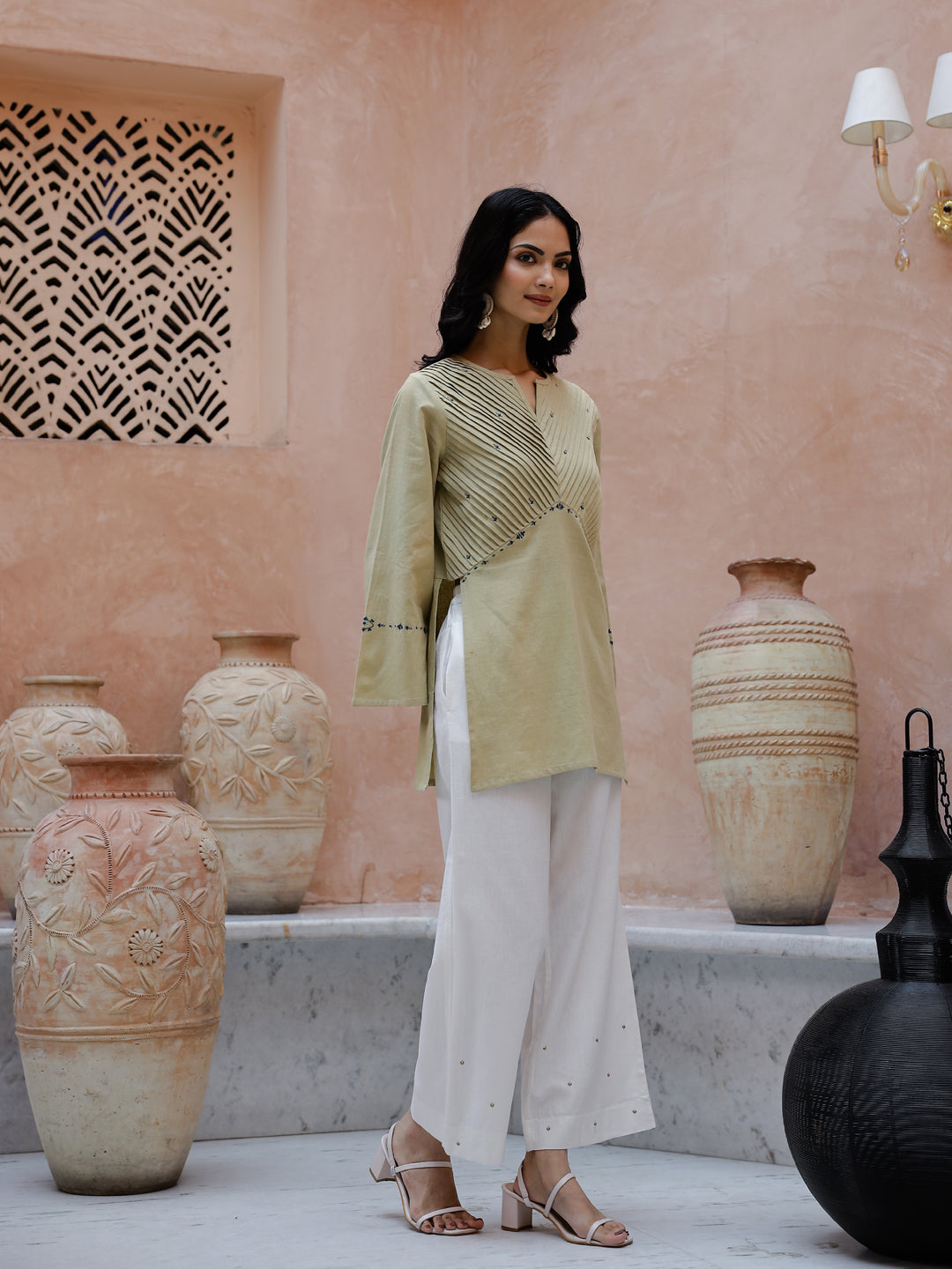 Solid Print Cotton V-Neck Co-Ord Set