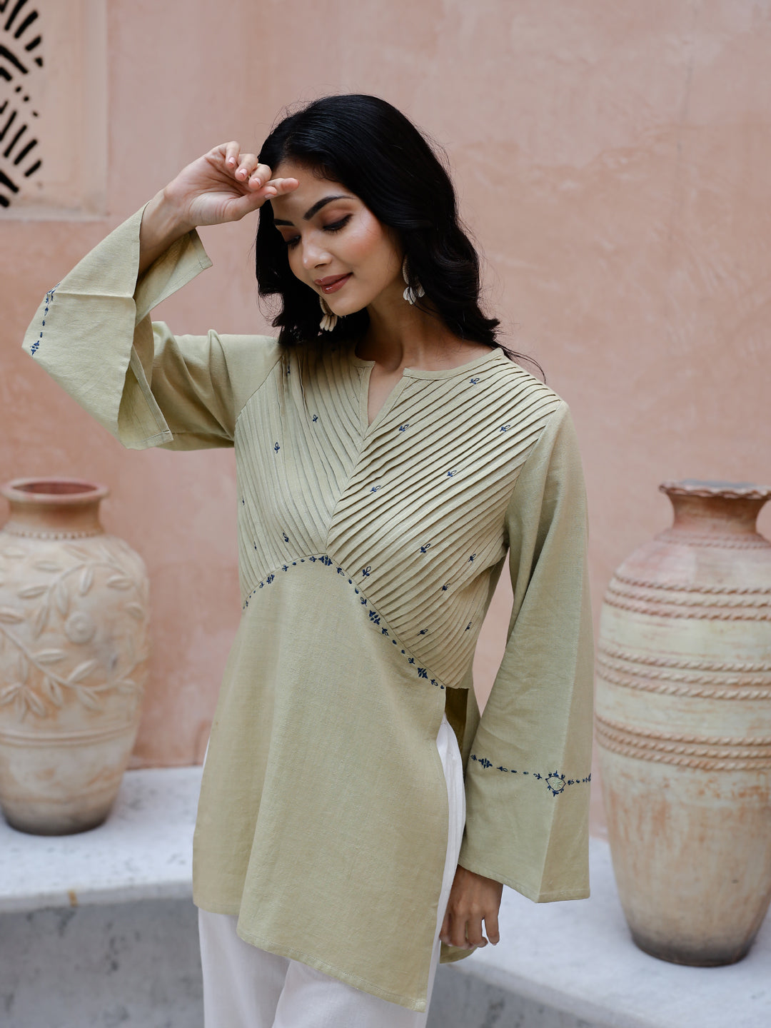 Solid Print Cotton V-Neck Co-Ord Set