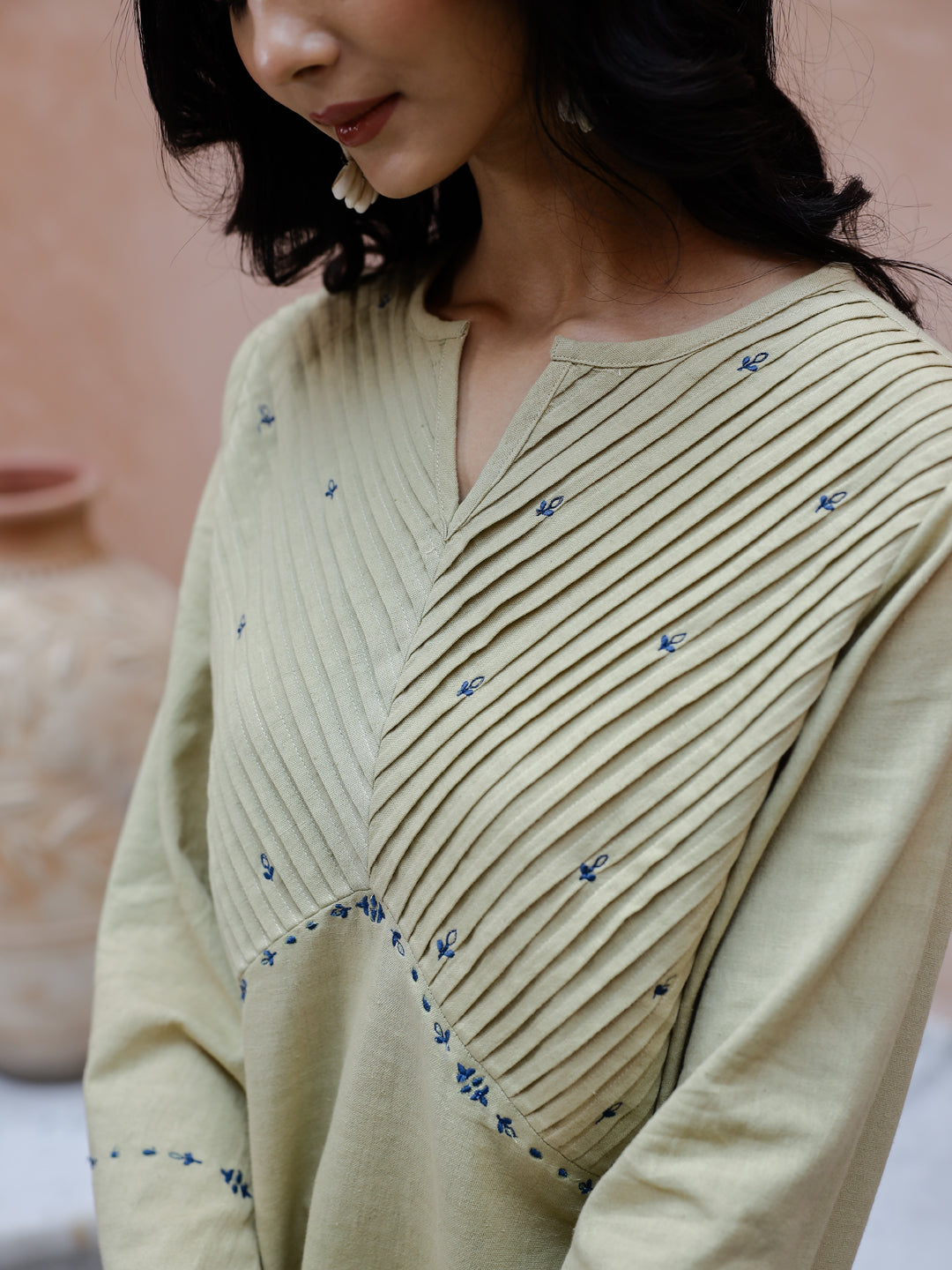 Solid Print Cotton V-Neck Co-Ord Set