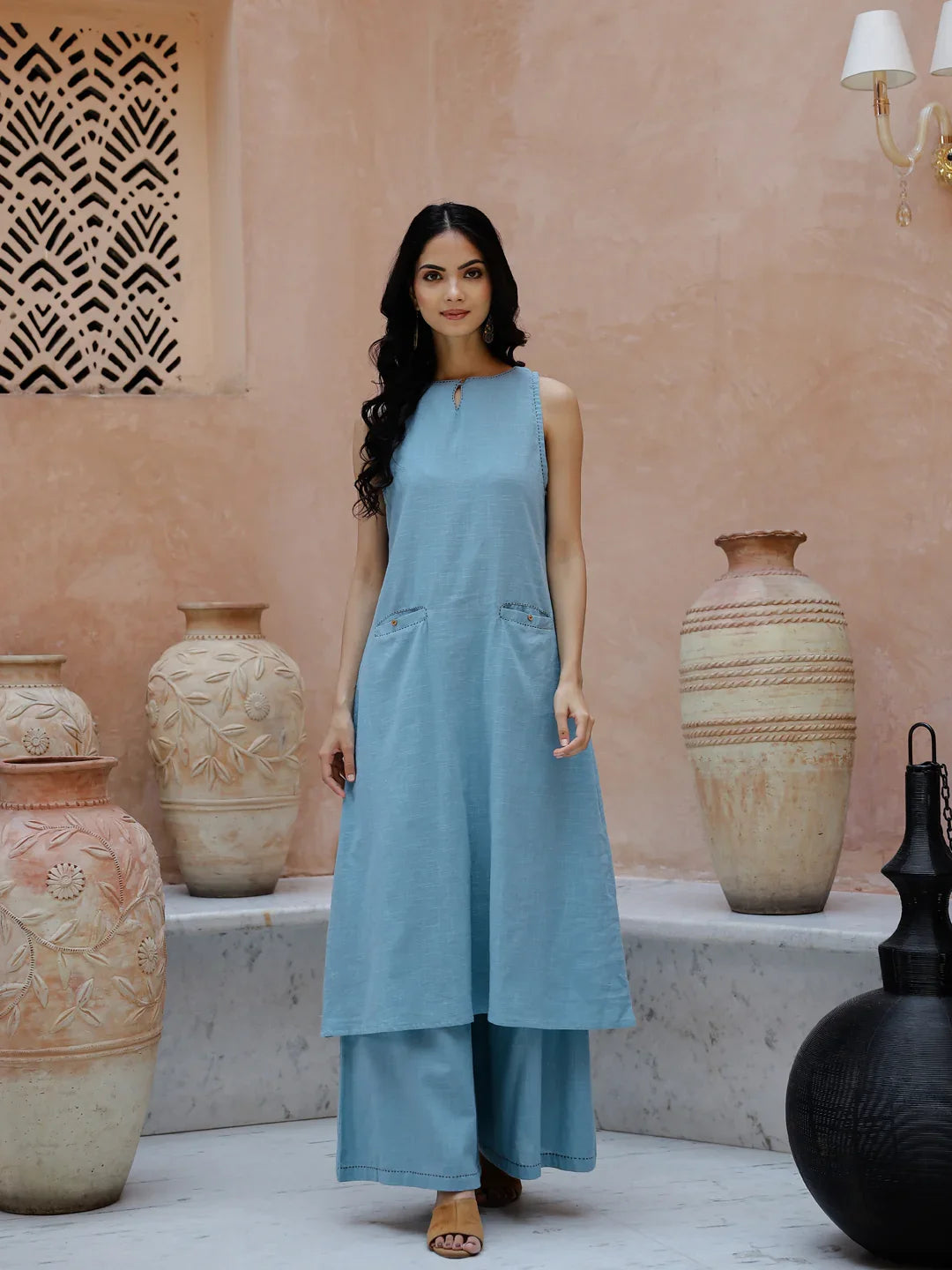 Blue Solid Print Cotton Kurta Set - SanskrutiHomes 