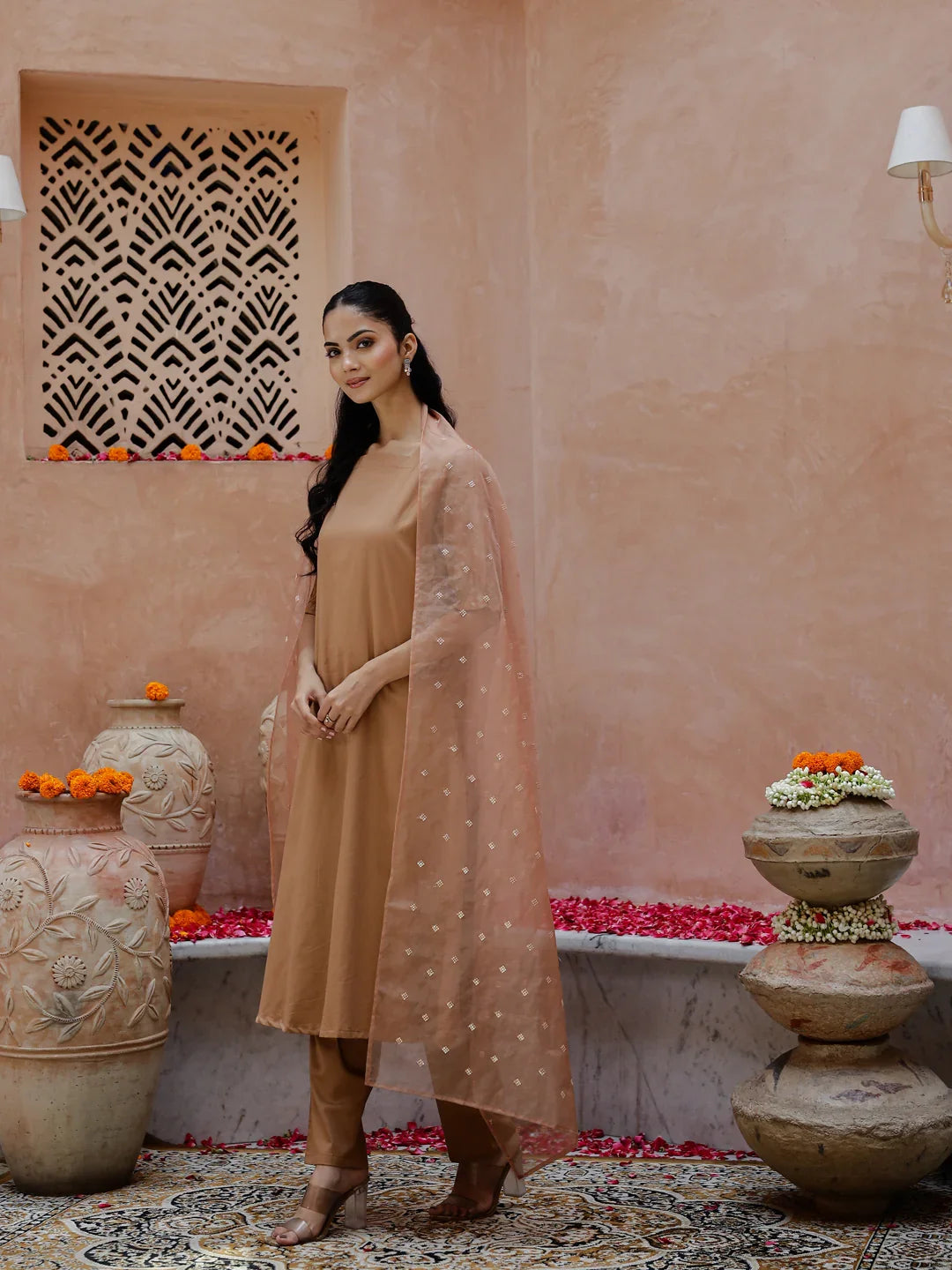 Brown Solid Print Cotton Kurta with Dupatta - SanskrutiHomes 