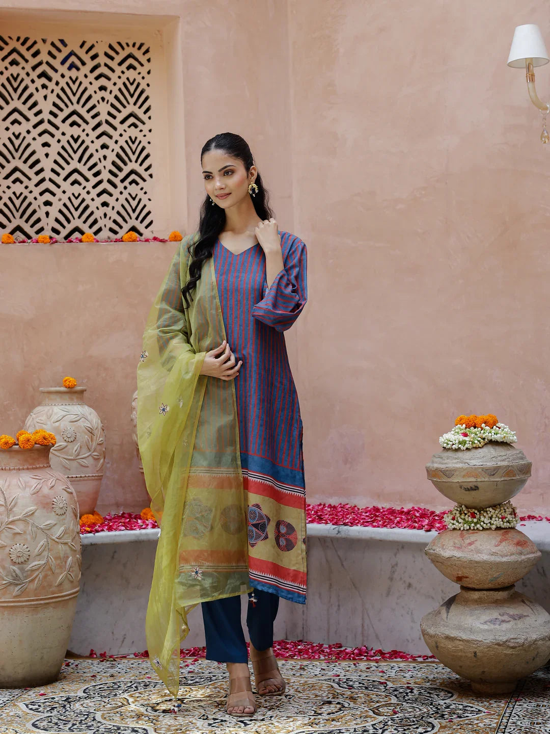 Blue Cotton Kurta With Duptta for Women - SanskrutiHomes 