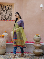 Blue V-Neck Stripes Print Cotton Kurta With Duptta For Women