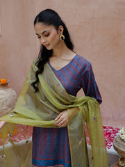 Blue V-Neck Stripes Print Cotton Kurta With Duptta For Women