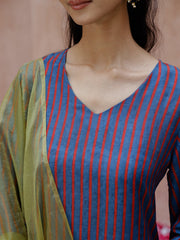 Blue V-Neck Stripes Print Cotton Kurta With Duptta For Women