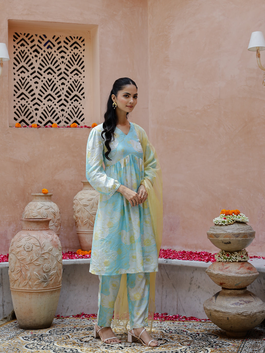 Blue Floral Printed Cotton Kurta Set