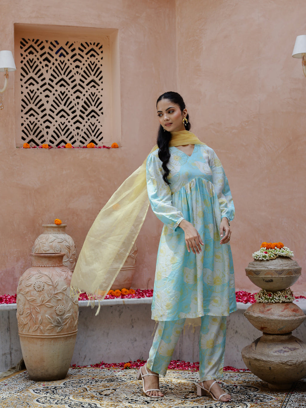 Blue Floral Printed Cotton Kurta Set