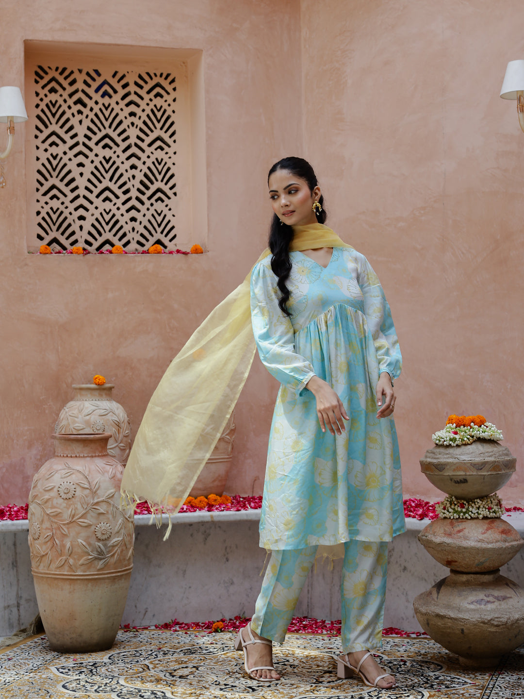 Blue Floral Printed Cotton Kurta Set