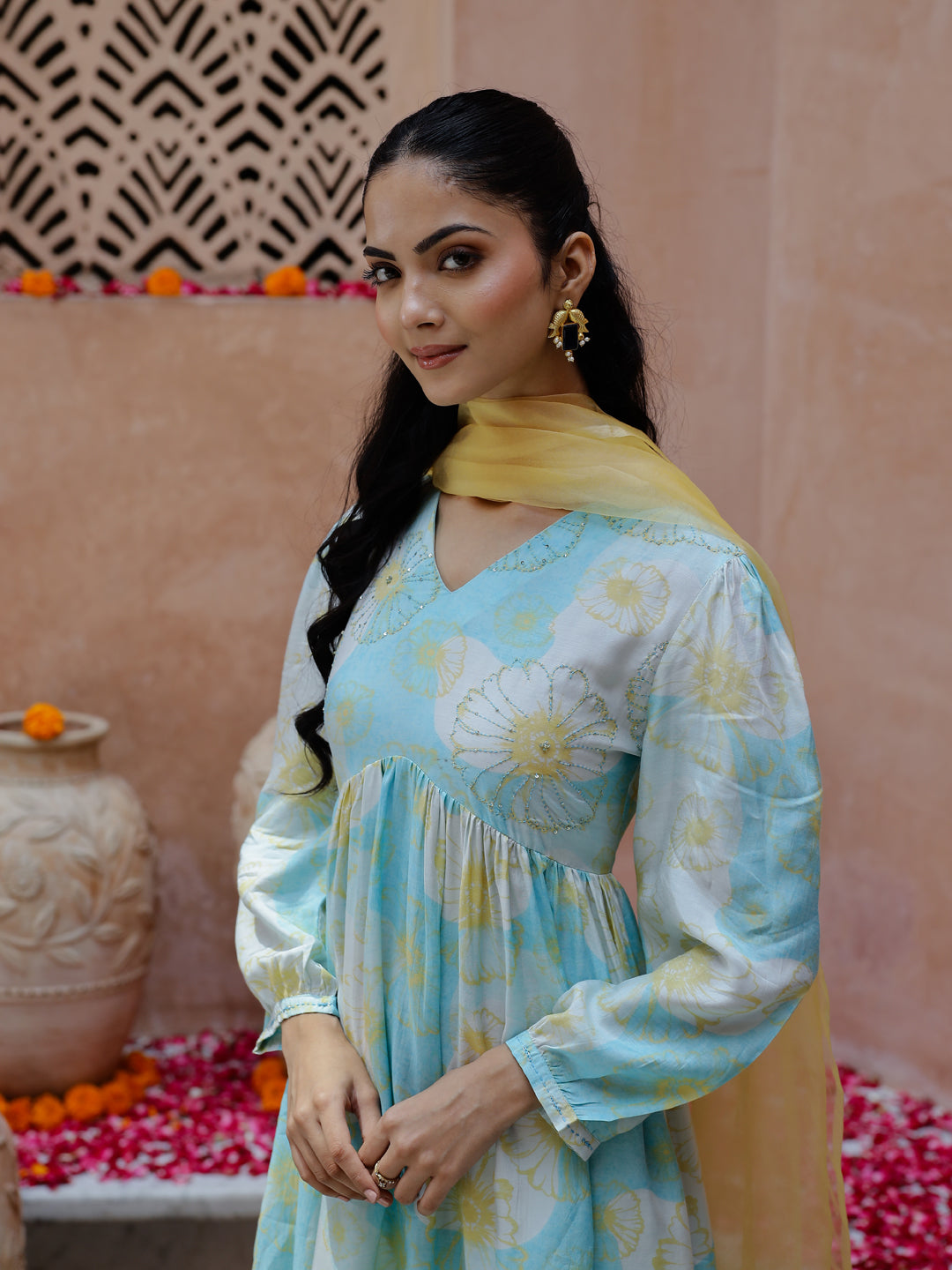 Blue Floral Printed Cotton Kurta Set