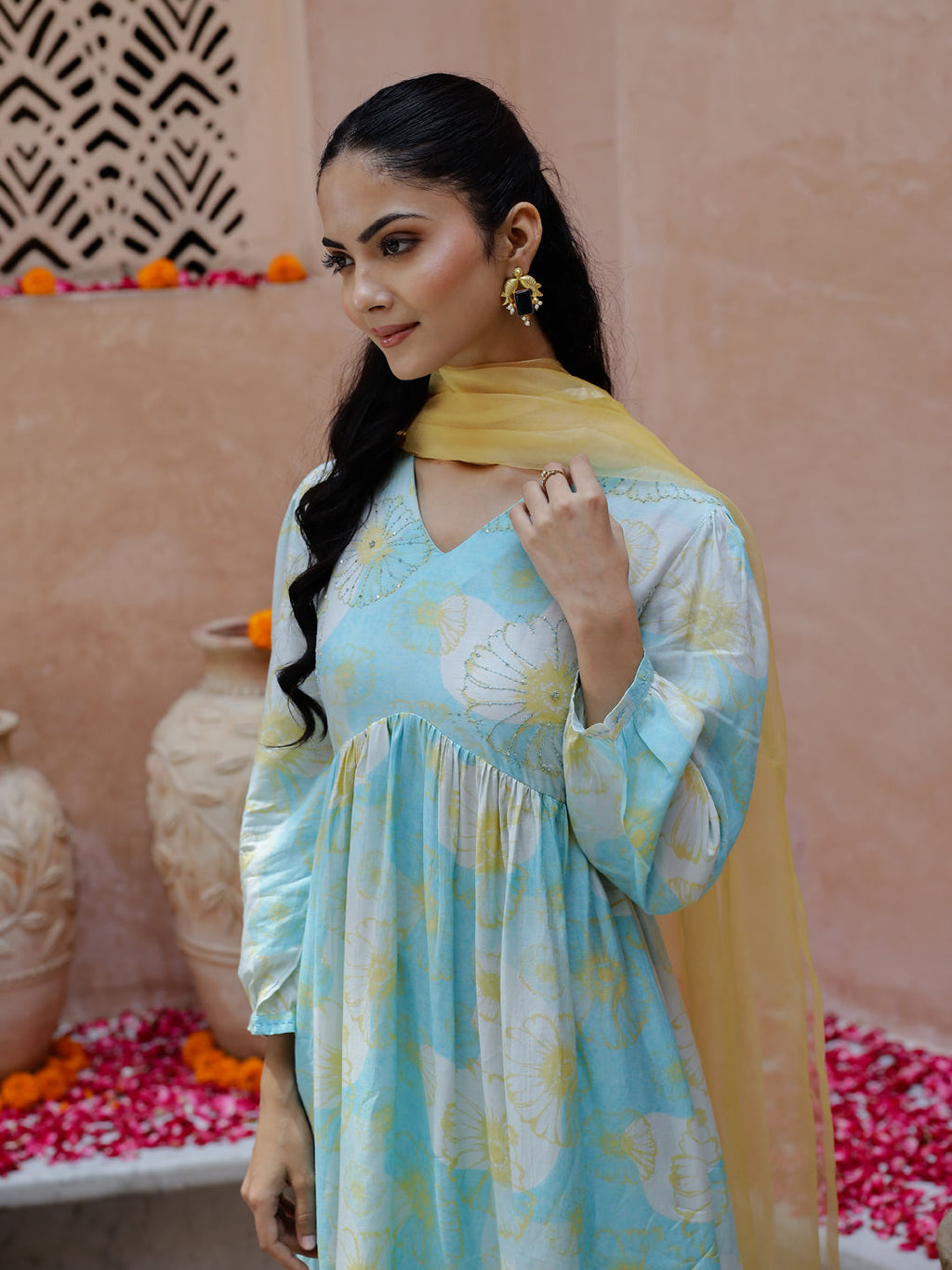 Blue Floral Printed Cotton Kurta Set