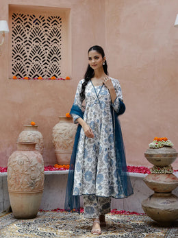 Flower Printed Cotton Kurta with Dupatta - SanskrutiHomes 